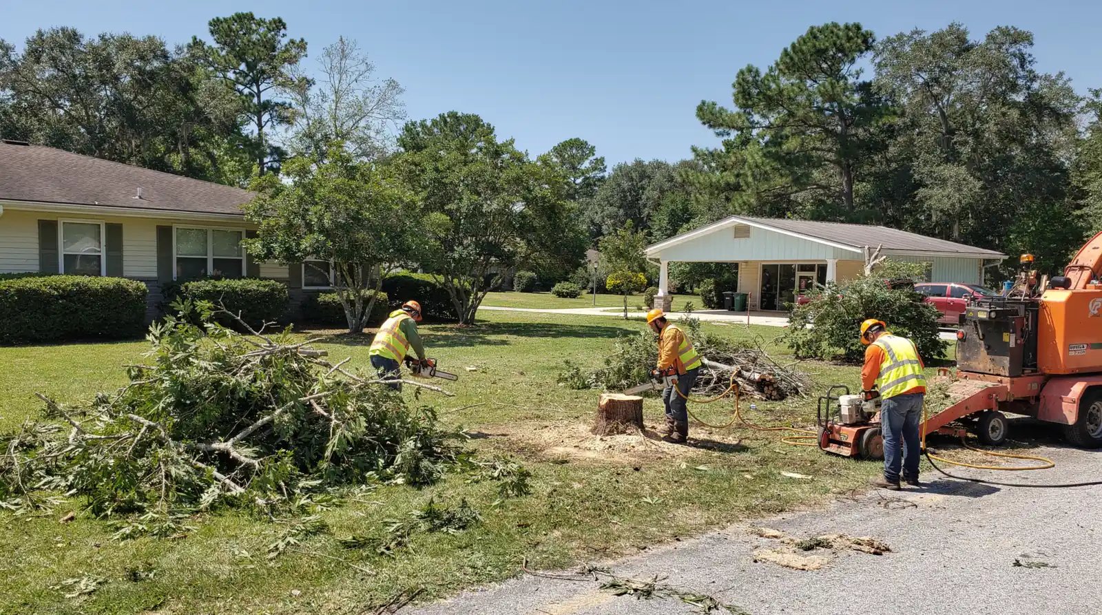 Pace crew felling and clearing trees and debris from a residential yard in the Florida Panhandle